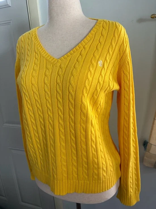 Lauren Ralph Lauren Cotton Bright Yellow V-neck Cable Knit Sweater - Picture 2 of 12